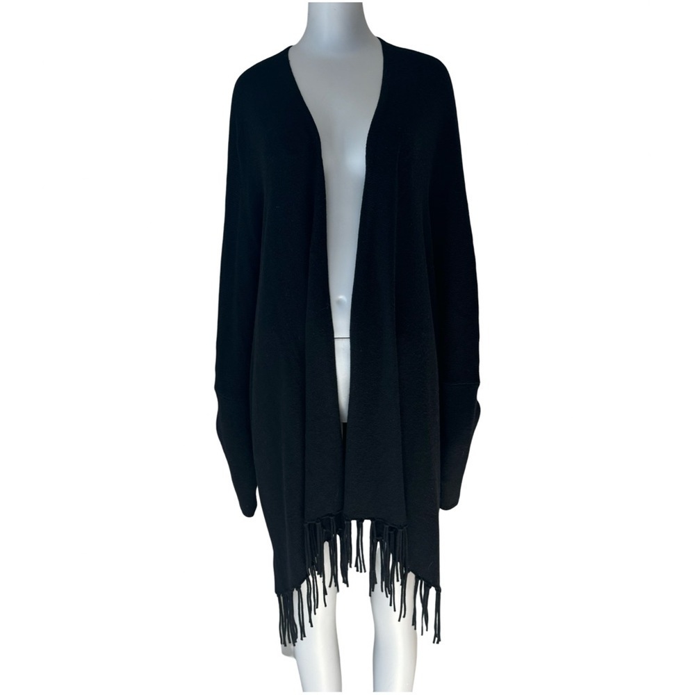 ELLA MOSS Open Front Fringe Long Cardigan Black Wool Cashmere Blend Style EE5999